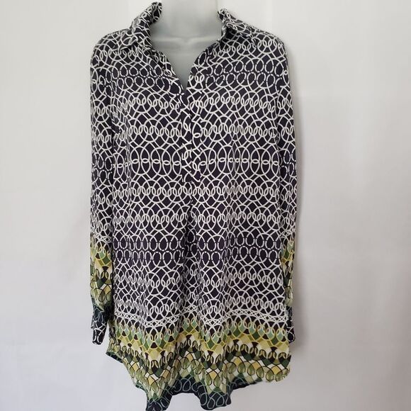 Tyler Boe 100% silk geometric pattern tunic length‎ blouse sz M - Picture 1 of 6